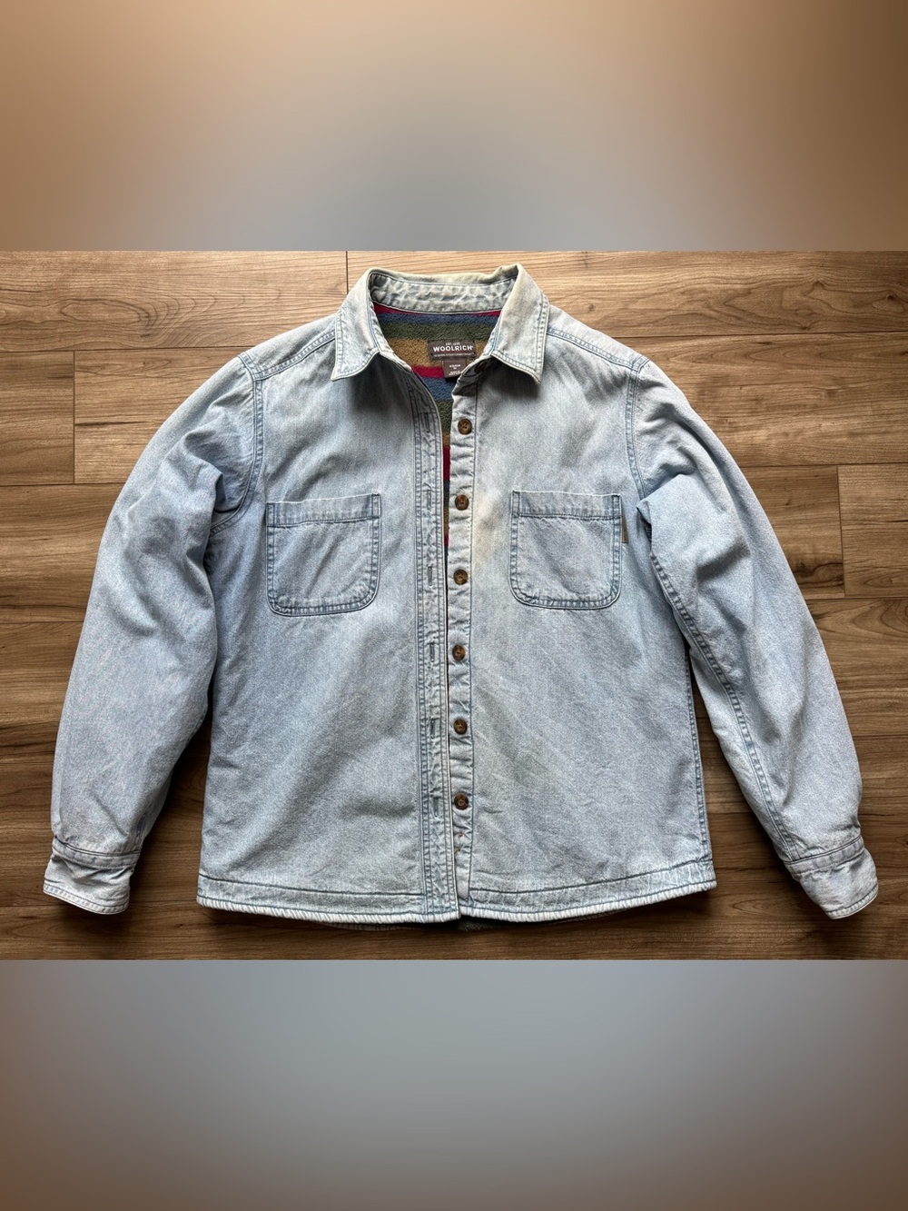 WOOLRICH vintage denim shirt jacket multi-colored stripe blanket lining size Med - Picture 9 of 14